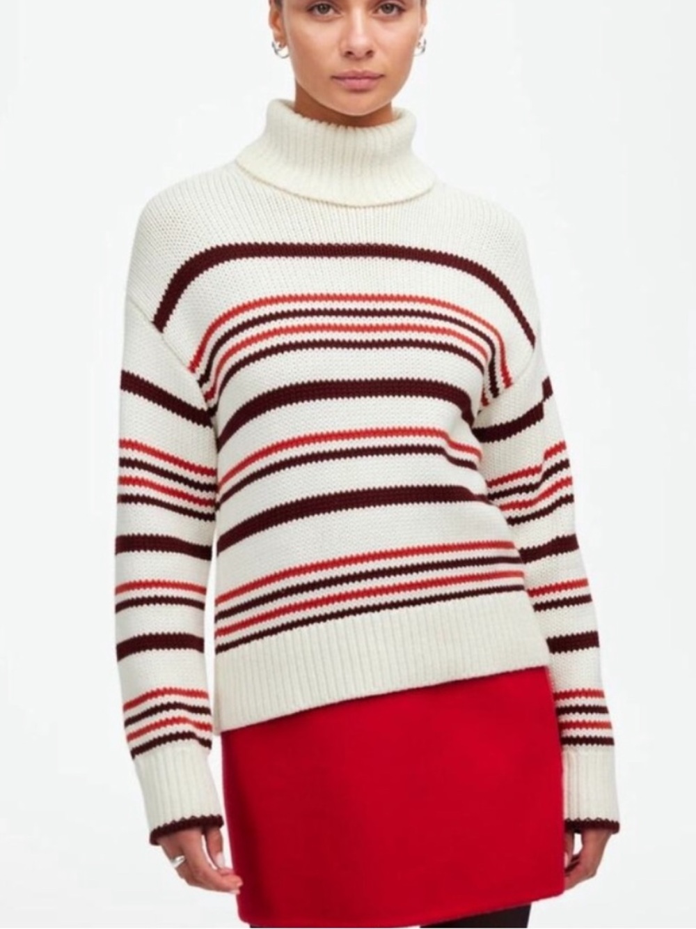 MADEWELL WOMENS RED WHITE STRIPED TURTLENECK SWEATER COTTON XS